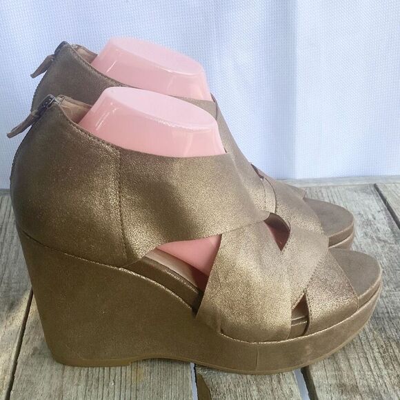 EILEEN FISHER Bella Gold Metallic Leather Suede Platform Wedge Sandal Wm’s Sz 10 - Picture 4 of 10